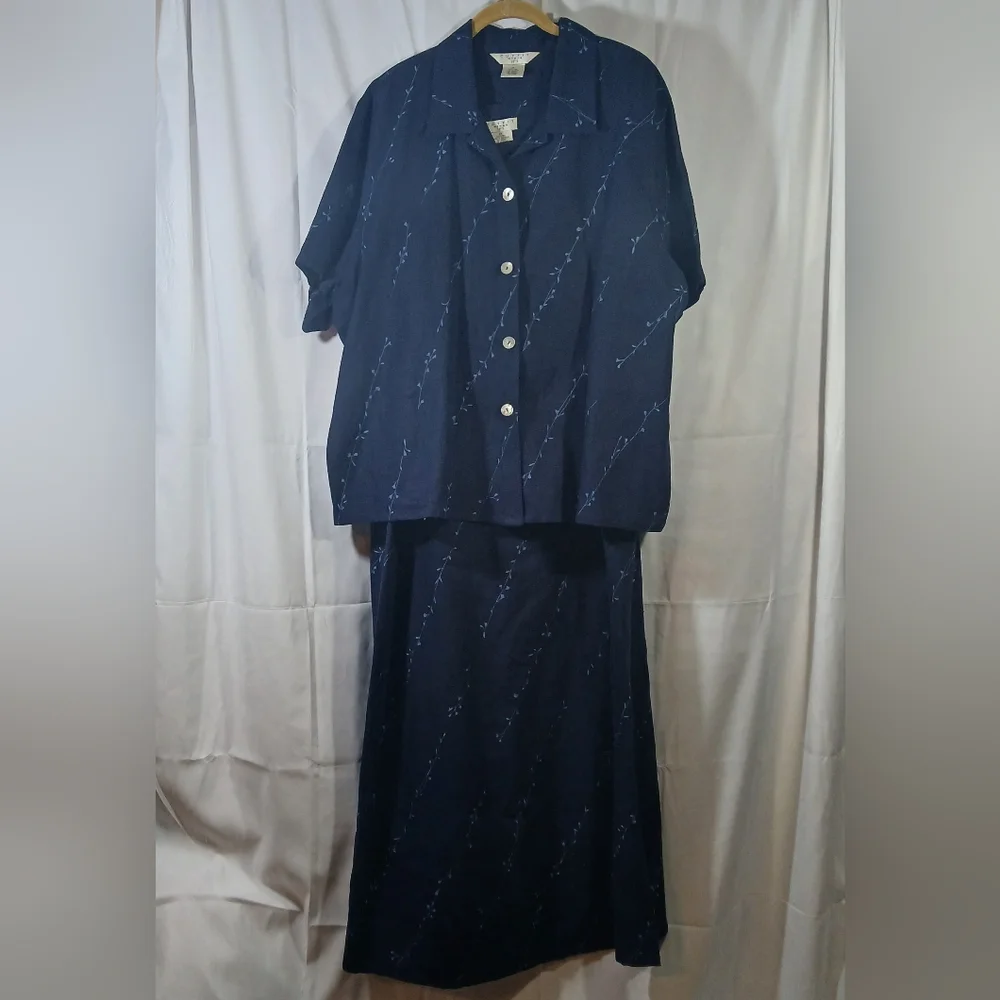 Vintage Outfit JPR Womens 2X Linen 2 Pc Set Maxi Dress Jacket Navy Blue Floral